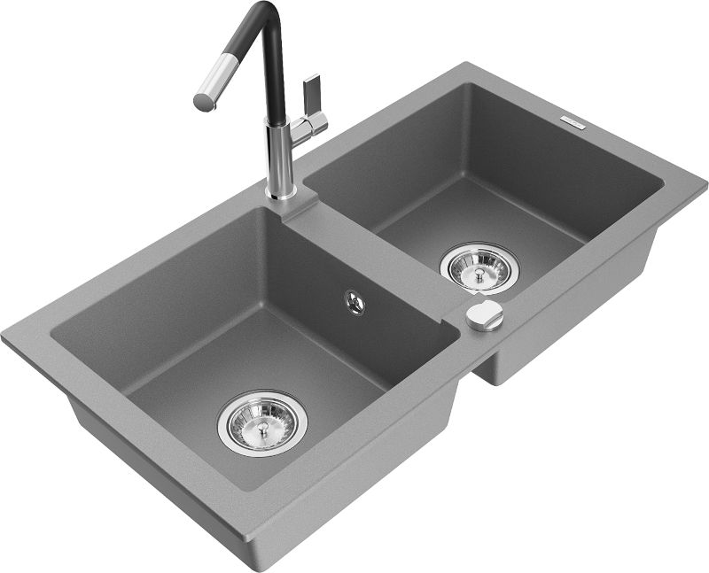 Zlewozmywak granitowy Mexen Mario 2-komorowy z baterią kuchenną Flora szary 6504-71-670401-07