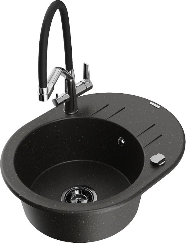 Zlewozmywak granitowy Mexen Kevin 1-komorowy z baterią kuchenną Duo czarny/złoty 6517-75-671701-07-B