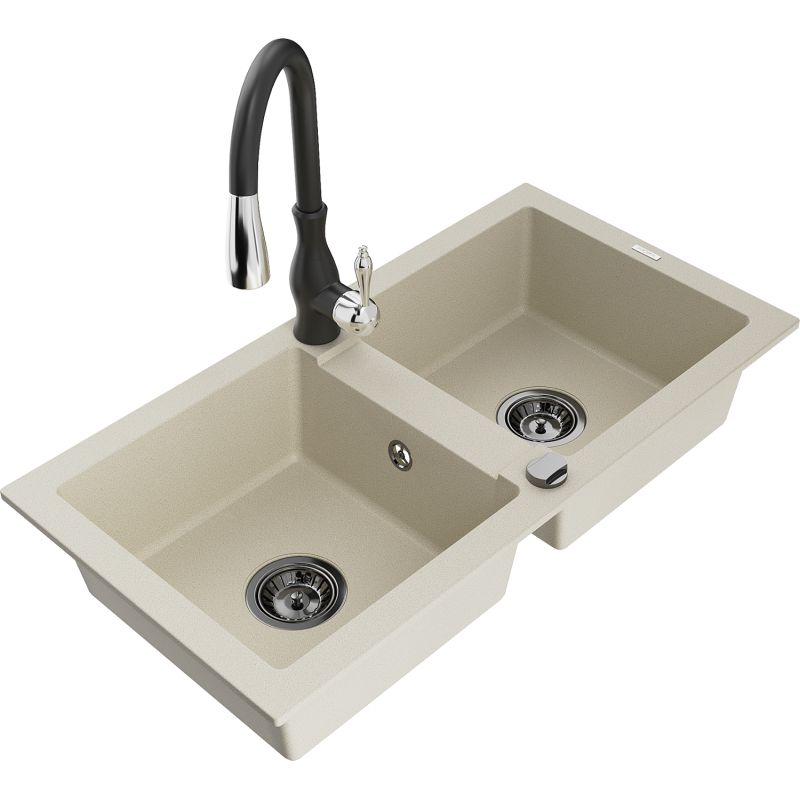 Zlewozmywak granitowy 2-komorowy Mexen Mario z baterią kuchenną Savita biały - 6504-20-672601-00 1 szt.