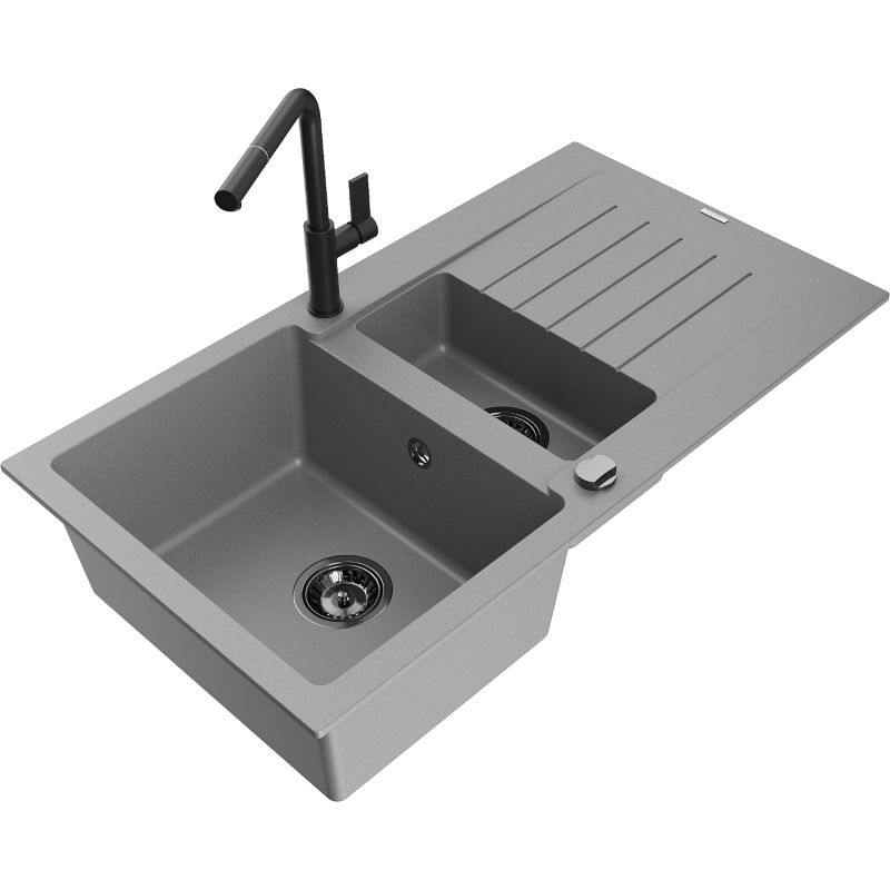 Zlewozmywak granitowy 1.5-komorowy Mexen Matias z ociekaczem i baterią kuchenną Rita beżowy - 6502-69-670300-70 1 szt.