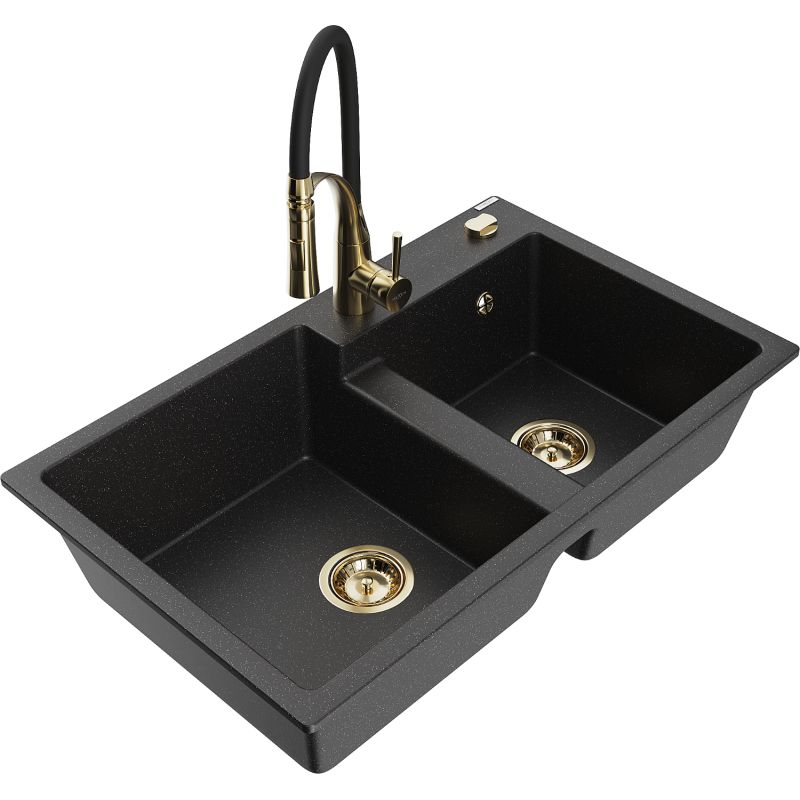 Zlewozmywak granitowy 2-komorowy Mexen Tomas z baterią kuchenną Aster czarny/srebrny metalik 6516-73-73450-57-G