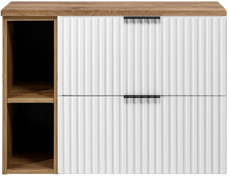 Szafka do łazienki pod umywalkę Furnidea 80 cm biały mat wisząca ryflowana 2 szuflady blat dąb Wotan regał 1 szt.