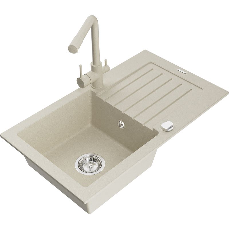 Zlewozmywak granitowy 1-komorowy Mexen Pablo z ociekaczem i baterią kuchenną Duero beżowy 6510-69-671600-69