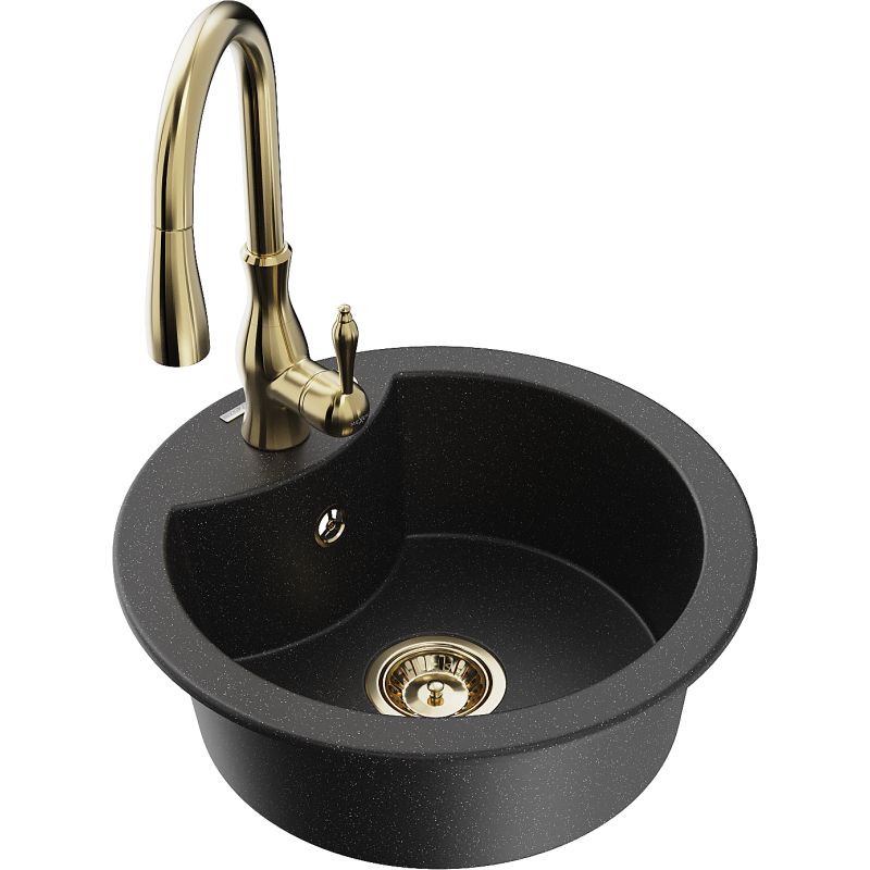 Zlewozmywak granitowy 1-komorowy Mexen Diego z baterią kuchenną Savita czarny/srebrny metalik 6512-73-672601-50