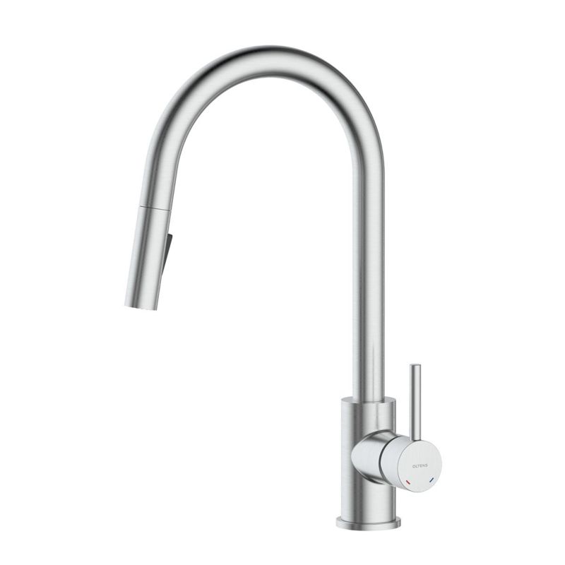 Bateria kuchenna Oltens Litla z wyciąganą wylewką, obrotowa nikiel, oszczędność wody 1 szt.