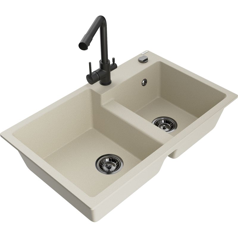 Zlewozmywak granitowy 2-komorowy Mexen Tomas z baterią kuchenną Duero czarny - 6516-77-671600-00 1 szt.