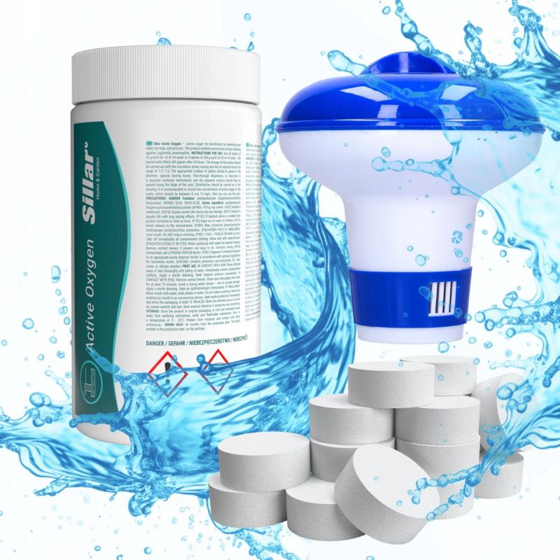 Aktywny tlen, Sillar, tabletki tlenowe 20g, do basenu, jacuzzi, 1kg + dozownik na tabletki, pływak, 2szt