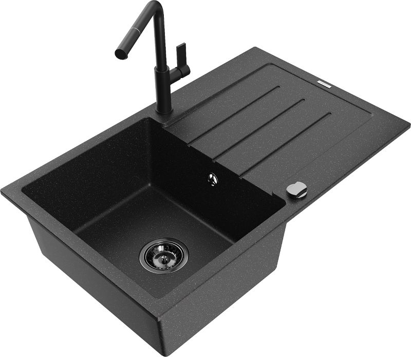 Zlewozmywak granitowy Mexen Bruno 1-komorowy z ociekaczem i baterią kuchenną Flora szary - 6513-71-670401-70-B 1 szt.