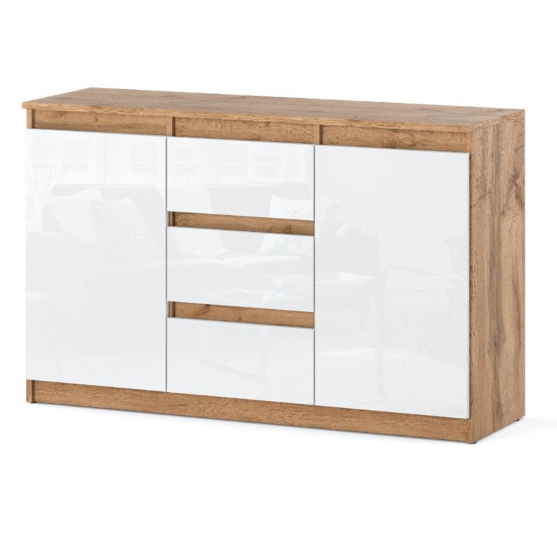 Komoda Hurtownia-Mebli Szuflady 3 Agnes 2D3SZ 120cm Dąb Wotan Biały Połysk 120x35x75 cm 1szt.