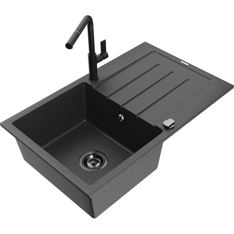 Zlewozmywak granitowy 1-komorowy Mexen Bruno z ociekaczem i baterią kuchenną Flora czarny nakrapiany 6513-76-670401-70-B