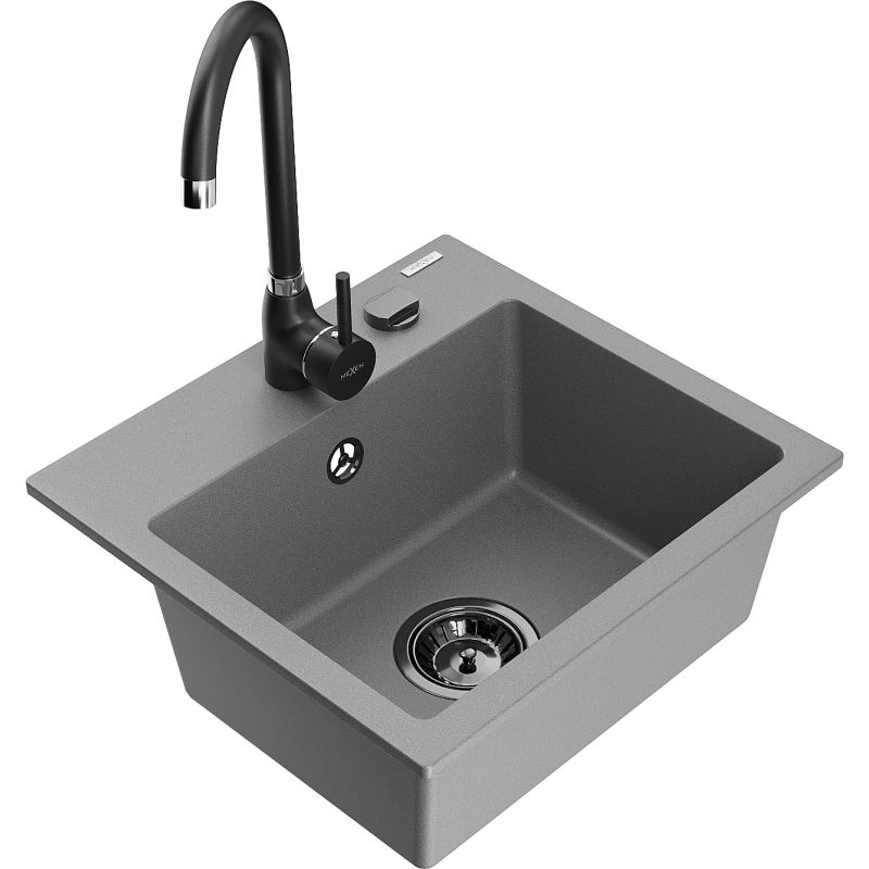 Zlewozmywak granitowy 1-komorowy Mexen Milo z baterią kuchenną Telma szary 6505-71-670200-70-B