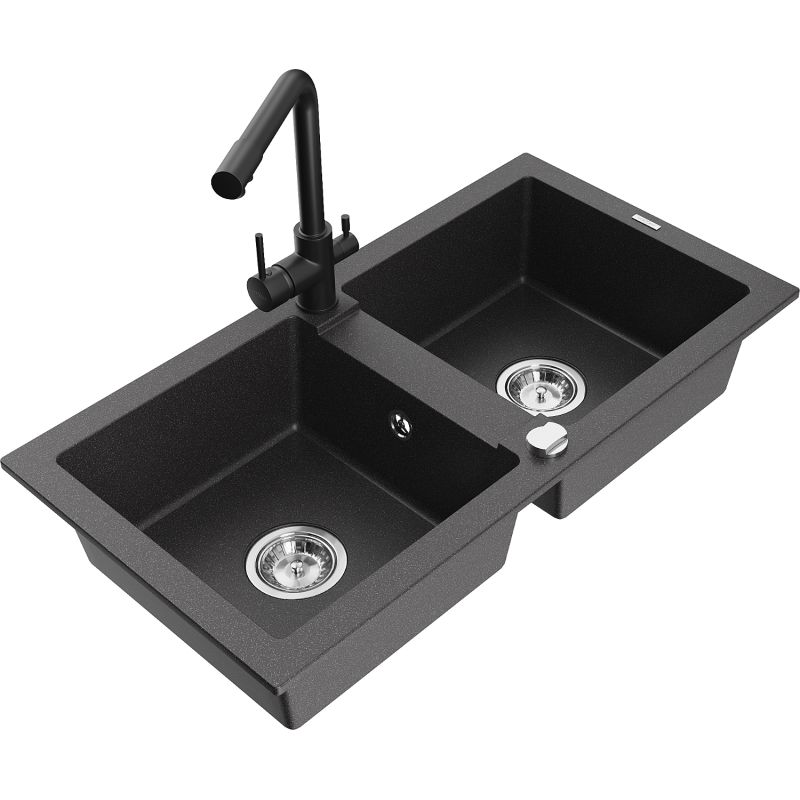 Zlewozmywak granitowy 2-komorowy Mexen Mario z baterią kuchenną Duero czarny nakrapiany 6504-76-671600-70