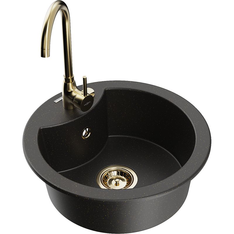 Zlewozmywak granitowy 1-komorowy Mexen Diego z baterią kuchenną Telma czarny/złoty 6512-75-670200-50