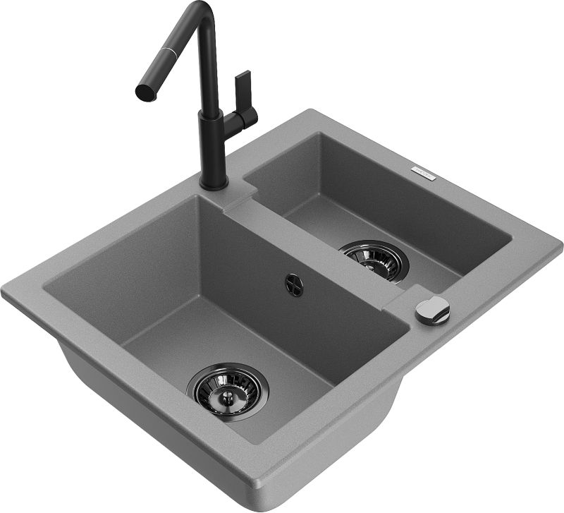 Zlewozmywak granitowy Mexen Carlos 1,5-komorowy z baterią kuchenną Rita szary - 6518-71-670300-71 1 szt.