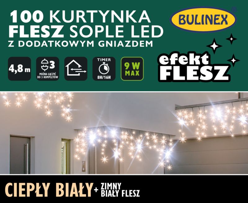 Kurtyna zewnętrzna Bulinex sople 100 LED 4,8 m barwa ciepła biała + biały flesz