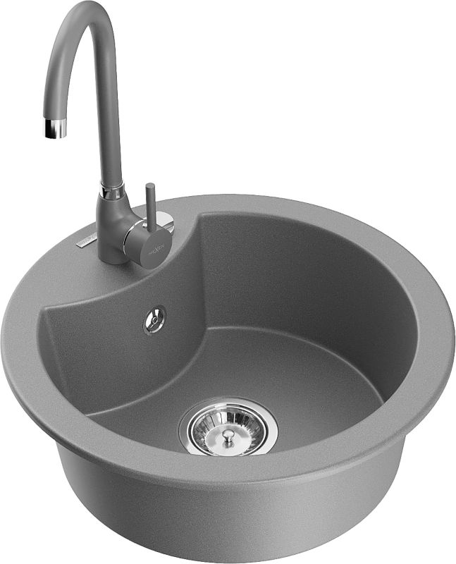 Zlewozmywak granitowy Mexen Elias 1-komorowy z ociekaczem i baterią kuchenną Duo biały - 6511-20-671701-57-B 1 szt.