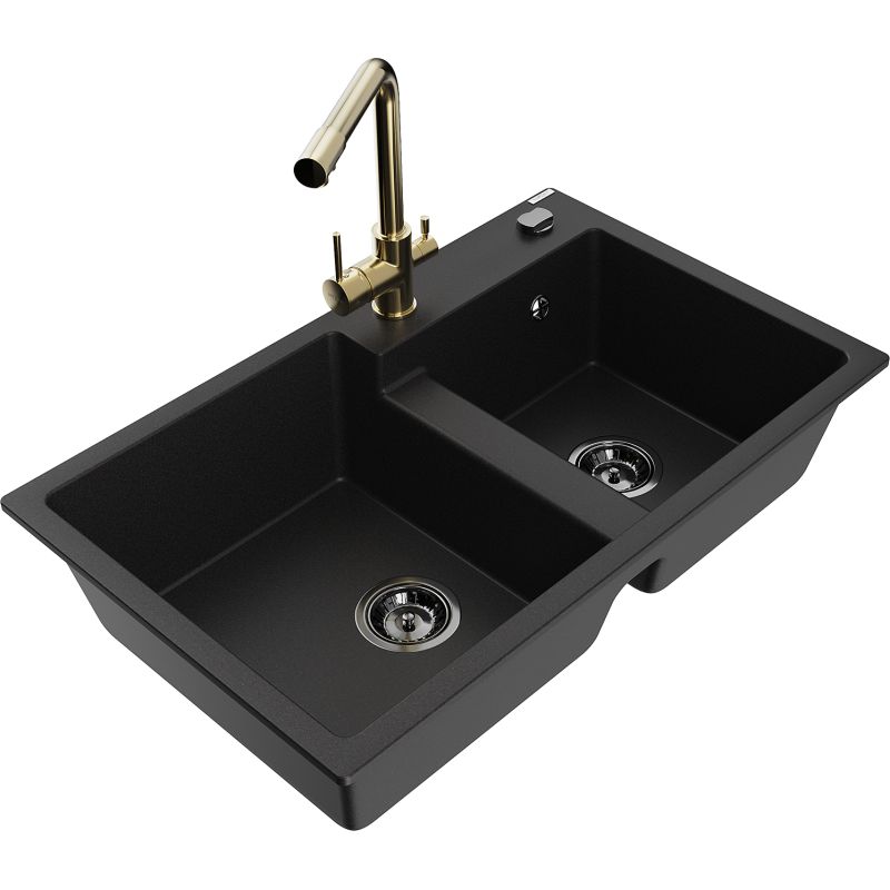 Zlewozmywak granitowy 2-komorowy Mexen Tomas z baterią kuchenną Duero czarny 6516-77-671600-50-B