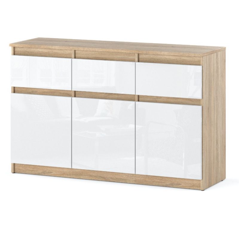 Komoda Hurtownia-Mebli Szuflady 3 Oleksa 3D3SZ 120cm Dąb Sonoma Biały Połysk 120x35x75 cm 1szt.
