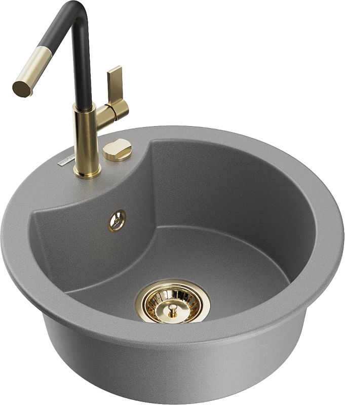 Zlewozmywak granitowy Mexen Diego 1-komorowy z baterią kuchenną Flora szary 6512-71-670401-57-G