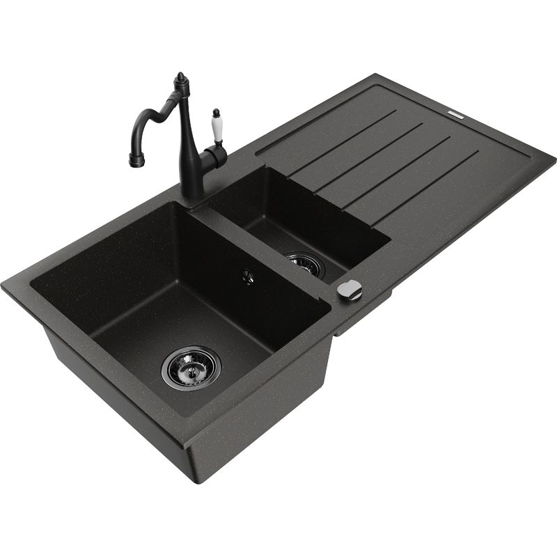 Zlewozmywak granitowy 1.5-komorowy Mexen Andres z ociekaczem i baterią kuchenną Carla czarny/złoty 6515-75-670700-70-B