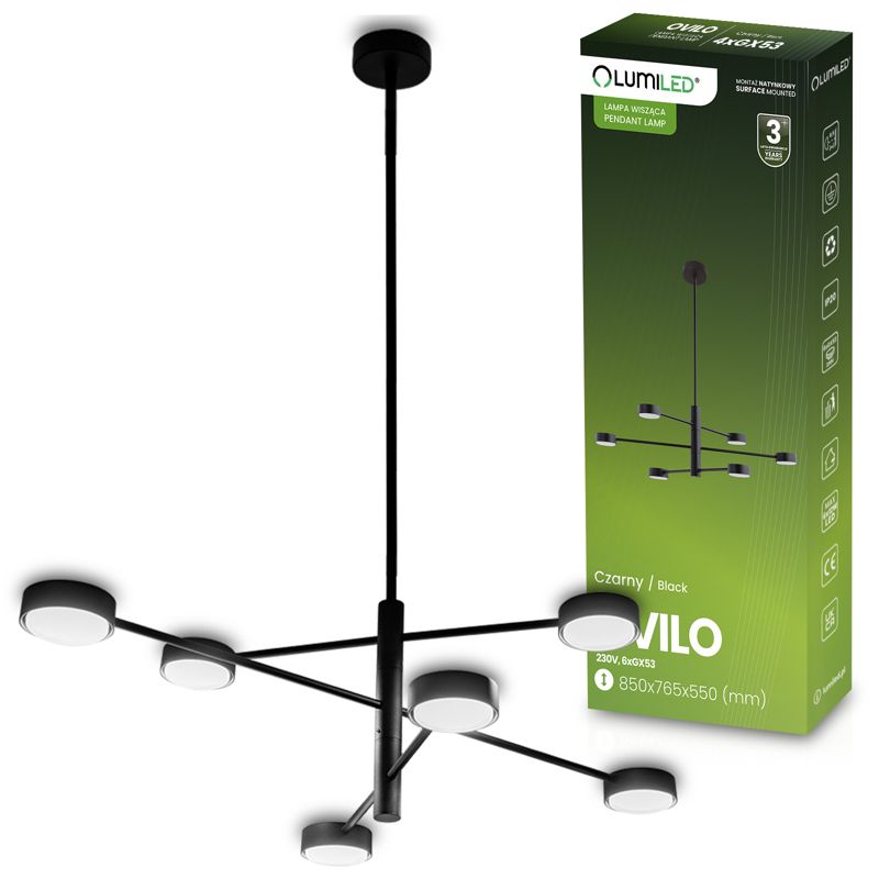 Lampa Sufitowa Lumiled Wisząca LED 6x GX53 Ścienna Czarna 1 szt.