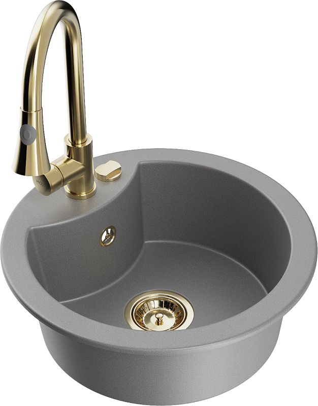 Zlewozmywak granitowy Mexen Diego 1-komorowy z baterią kuchenną Elia szary 6512-71-670101-50