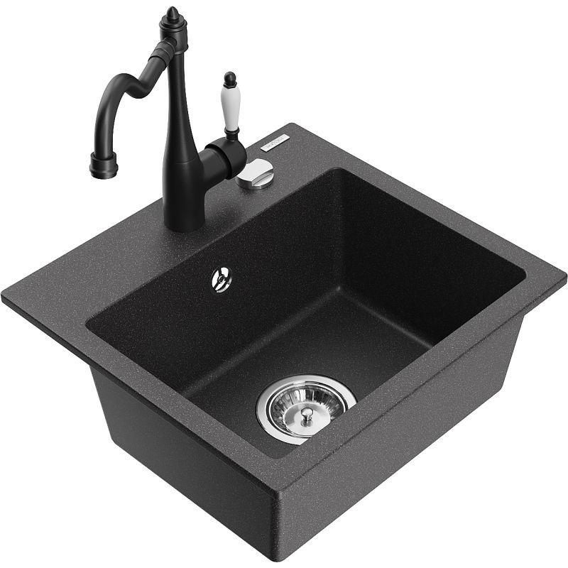 Zlewozmywak granitowy 1-komorowy Mexen Milo z baterią kuchenną Carla czarny nakrapiany 6505-76-670700-70