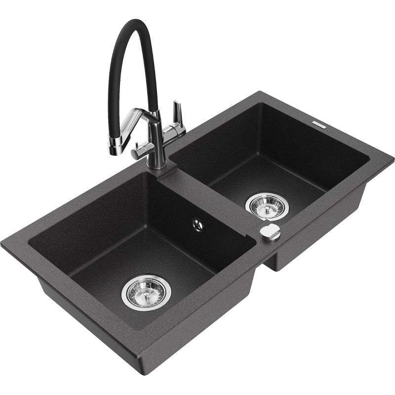 Zlewozmywak granitowy 2-komorowy Mexen Mario z baterią kuchenną Duo czarny nakrapiany 6504-76-671701-07