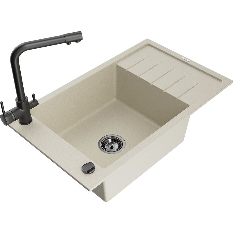 Zlewozmywak granitowy 1-komorowy Mexen Elias z ociekaczem i baterią kuchenną Duero beżowy - 6511-69-671600-50 1 szt.