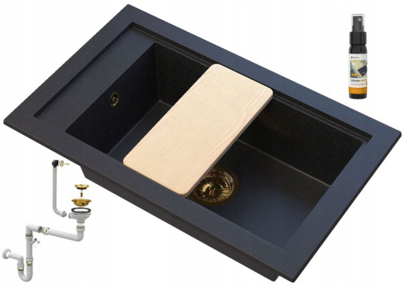 Zlewozmywak Granitowy Jednokomorowy Granitan Panama Czarny Z Złotymi Drobinkami Syfon Złoty 1 Kpl.