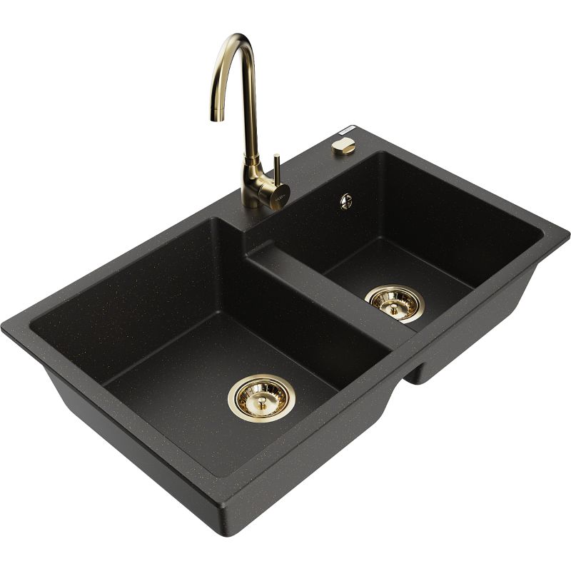 Zlewozmywak granitowy 2-komorowy Mexen Tomas z baterią kuchenną Telma czarny/złoty metalik 6516-75-670200-50