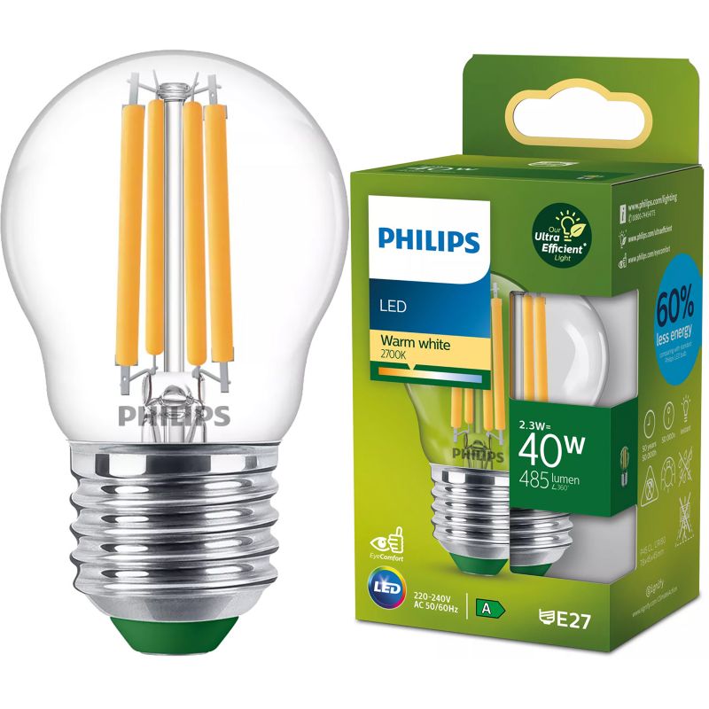 Żarówka LED Filament Philips E27 P45 2.3W 485lm 2700K 300st Klasa A 1 szt.