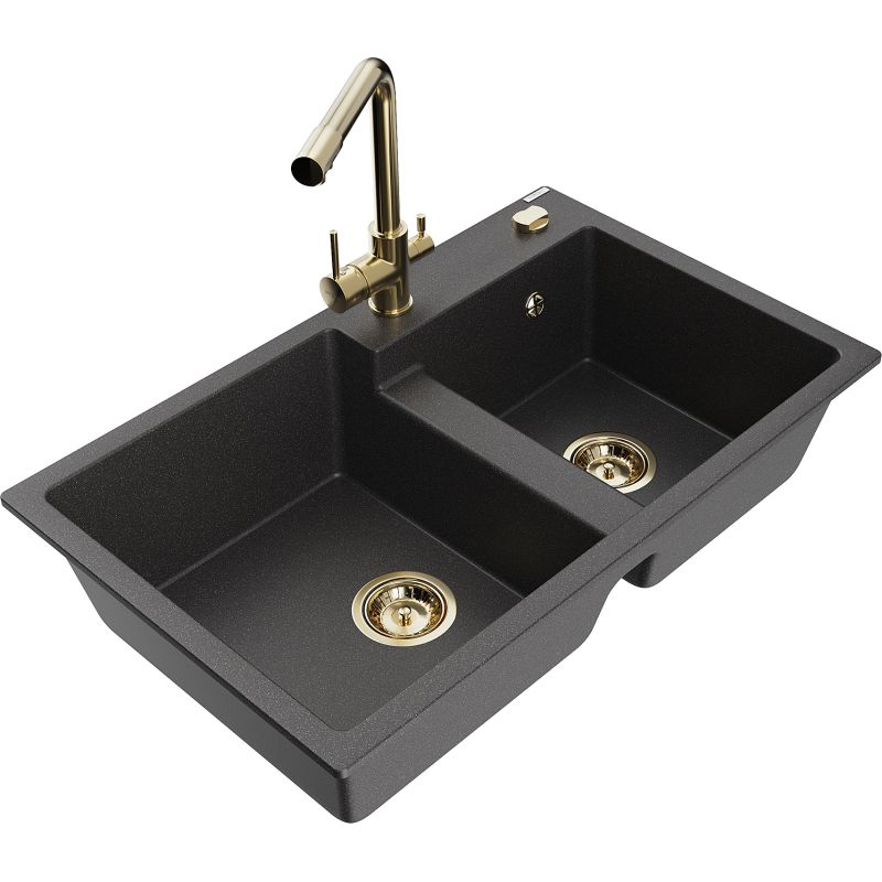 Zlewozmywak granitowy 2-komorowy Mexen Tomas z baterią kuchenną Duero czarny nakrapiany 6516-76-671600-50