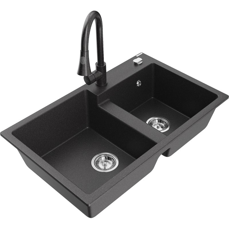Zlewozmywak granitowy 2-komorowy Mexen Tomas z baterią kuchenną Elia czarny/srebrny metalik - 6516-73-670101-70-B 1 szt.