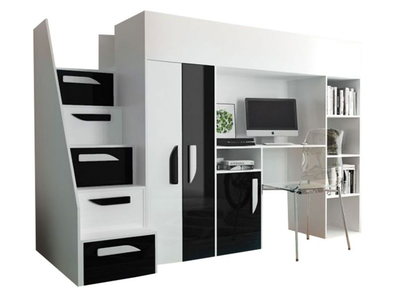 Łóżko piętrowe ze schodami MIRJAN 24 Party 14 biały połysk+czarny połysk 1 kpl.