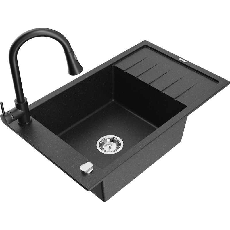 Zlewozmywak granitowy 1-komorowy Mexen Elias z ociekaczem i baterią kuchenną Elia czarny/złoty metalik - 6511-75-670101-70 1 szt.