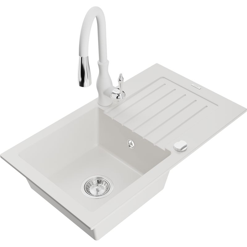 Zlewozmywak granitowy 1-komorowy Mexen Pablo z ociekaczem i baterią kuchenną Savita biały 6510-20-672601-20