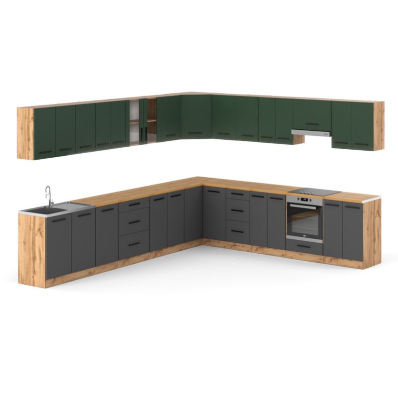 Zestaw Kuchenny Hurtownia-Mebli Z Blatem Kuchnia narożna Rossa 680cm Dąb Wotan Butelkowa Zieleń/Szary Mat 680x47x145 cm 1szt.
