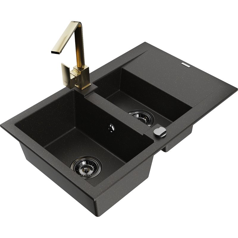 Zlewozmywak granitowy 1.5-komorowy Mexen Gaspar z ociekaczem i baterią kuchenną Rita szary - 6507-71-670300-70 1 szt.