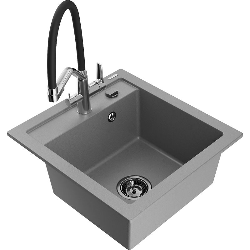 Zlewozmywak granitowy 1-komorowy Mexen Vito z baterią kuchenną Duo szary 6503-71-671701-07-B
