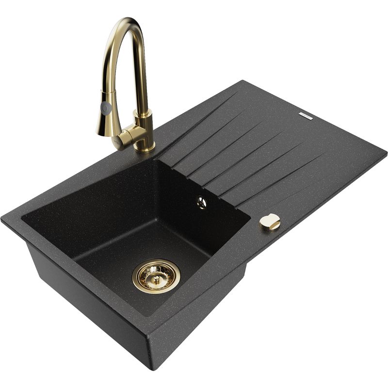 Zlewozmywak granitowy 1-komorowy Mexen Cesar z ociekaczem i baterią kuchenną Elia czarny/srebrny metalik 6514-73-670101-50