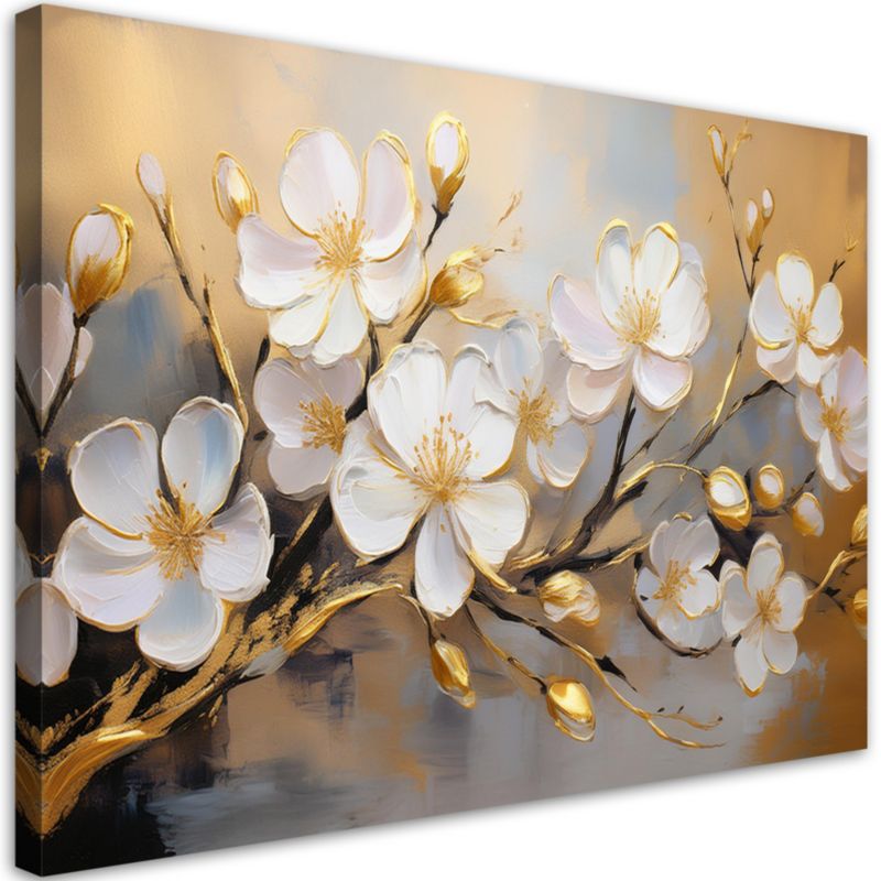 Obraz do salonu sypialni Feeby Białe Kwiaty na gałązce Złoty 100x70 cm 1 szt