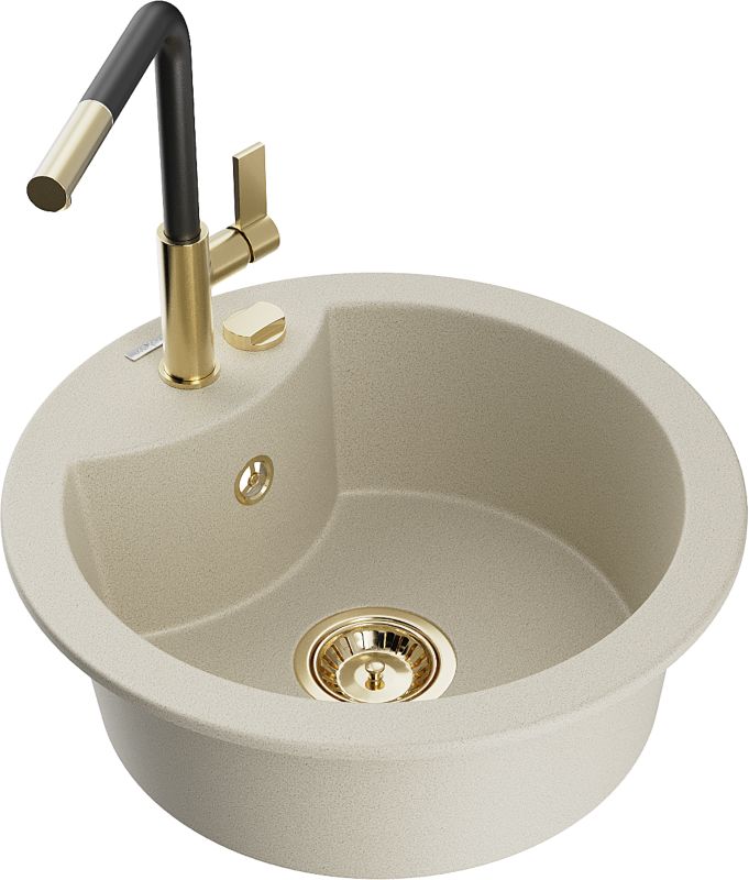 Zlewozmywak granitowy Mexen Diego 1-komorowy z baterią kuchenną Flora beżowy 6512-69-670401-57-G