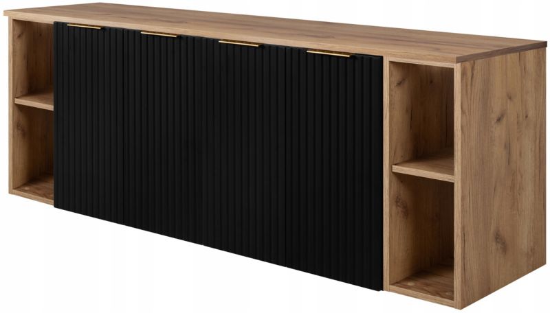 Szafka łazienkowa Furnidea 160 cm wisząca pod umywalkę czarna mat z blatem i regałami Dąb Craft Flow 1 szt.