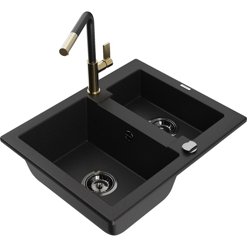 Zlewozmywak granitowy 1.5-komorowy Mexen Carlos z baterią kuchenną Flora czarny 6518-77-670401-57-B