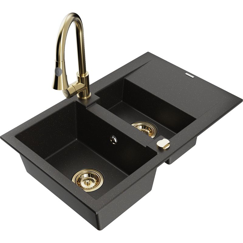 Zlewozmywak granitowy 1.5-komorowy Mexen Gaspar z ociekaczem i baterią kuchenną Elia czarny/złoty metalik 6507-75-670101-50