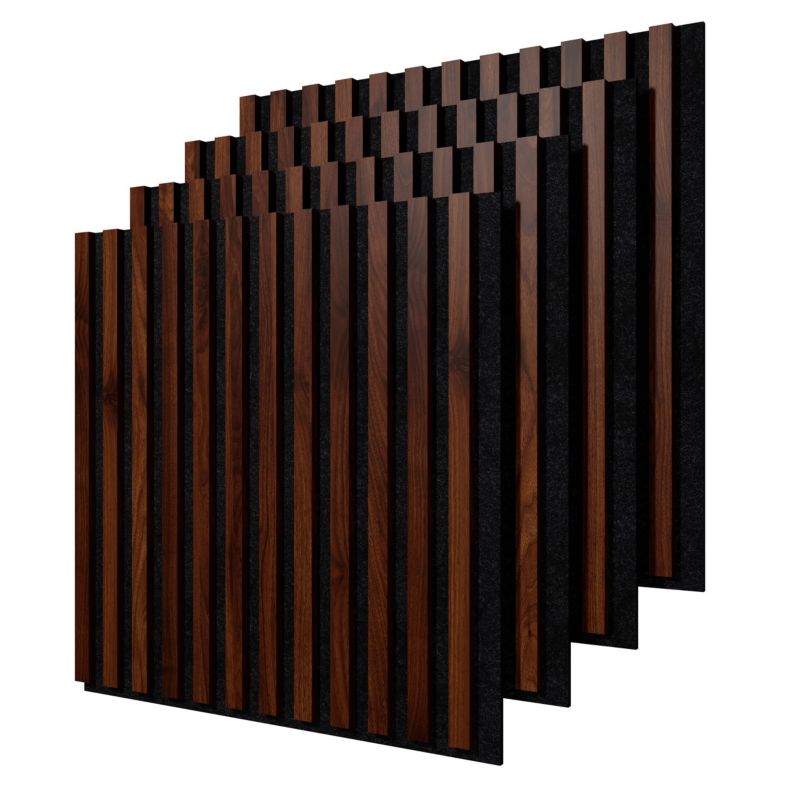 Lamele ścienne na czarnym filcu Stegu, ciemny orzech hazelnut panele akustyczne 60x60,5cm 4szt.
