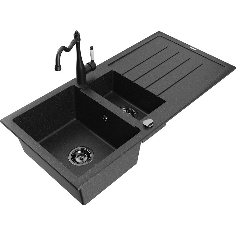Zlewozmywak granitowy 1.5-komorowy Mexen Andres z ociekaczem i baterią kuchenną Carla czarny/złoty - 6515-75-670700-70 1 szt.