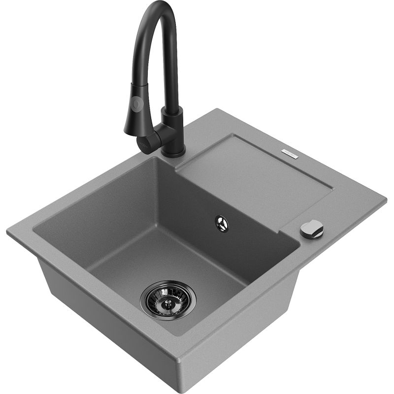 Zlewozmywak granitowy 1-komorowy Mexen Enzo z ociekaczem i baterią kuchenną Elia szary 6506-71-670101-70-B