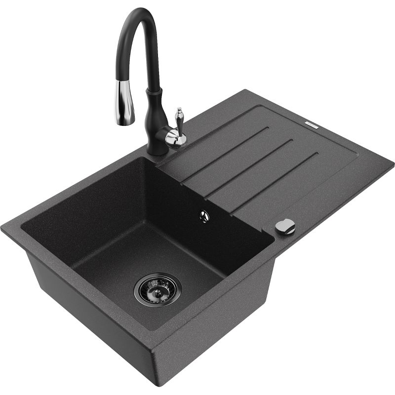 Zlewozmywak granitowy 1-komorowy Mexen Bruno z ociekaczem i baterią kuchenną Savita czarny nakrapiany 6513-76-672601-70-B